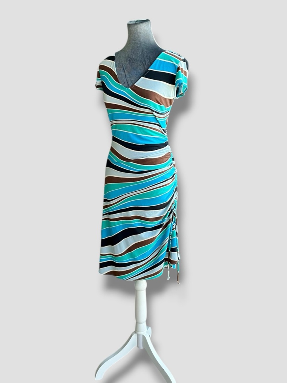 Max Studio S Ruched Wavy Striped Asymmetrical Stretch Knit Midi Dress 2000s Y2K